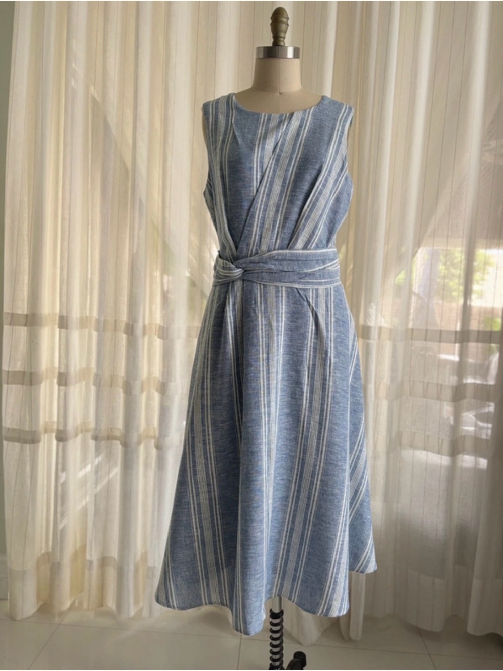 Maggy London Blue and White Striped Midi Dress with Tie Waist
